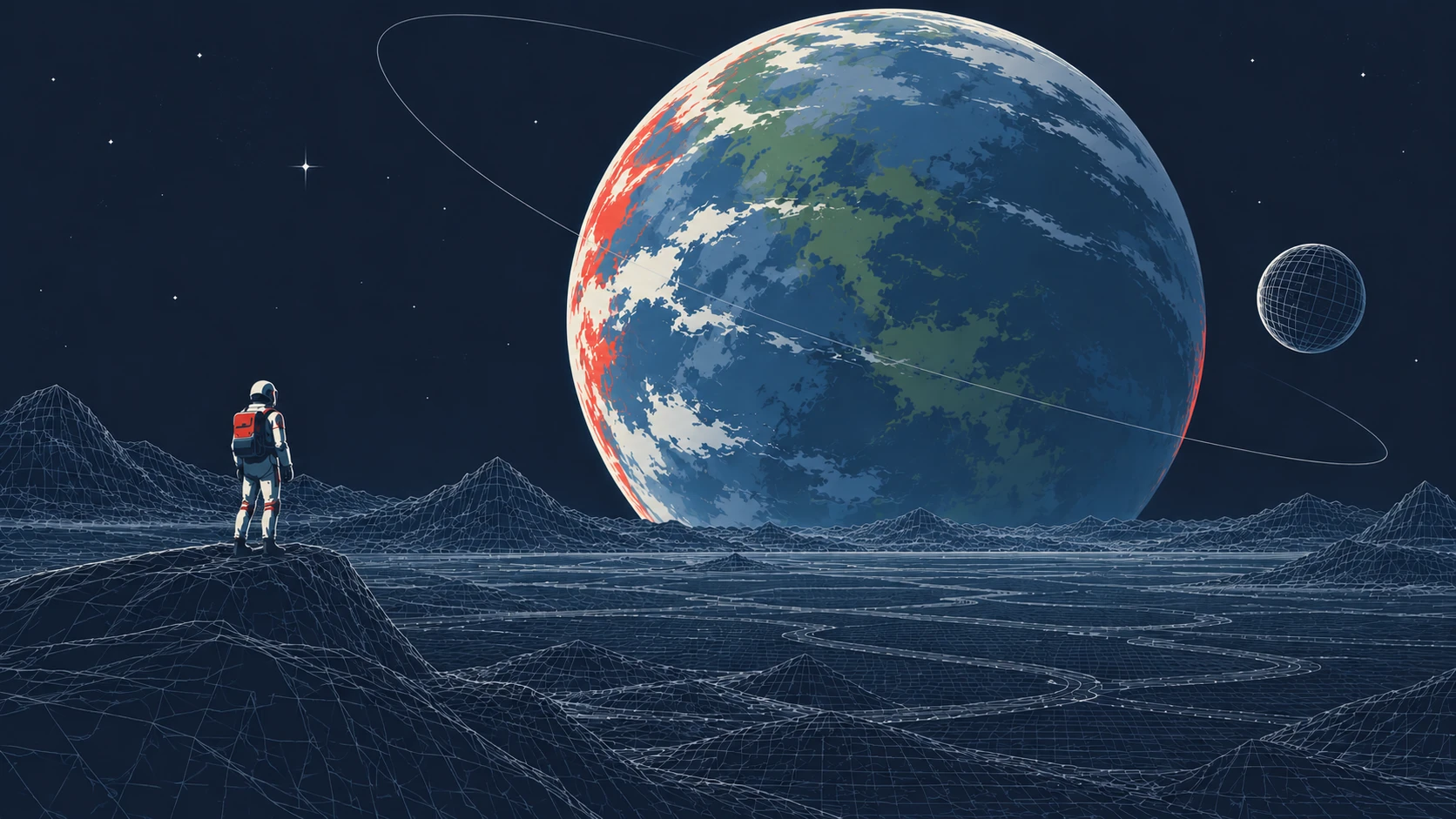 A lone explorer stands in a wireframe landscape beneath a monumental cel-shaded planet.